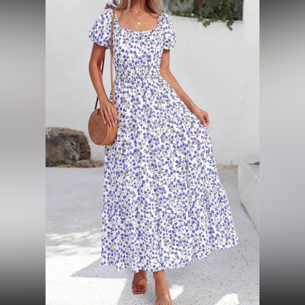 Women’s White Maxi Dress with Purple Floral Print